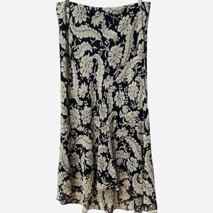Vintage Lauren Ralph Lauren 100% Silk‎ Floral Bias Cut Midi Skirt Navy Ivory 12